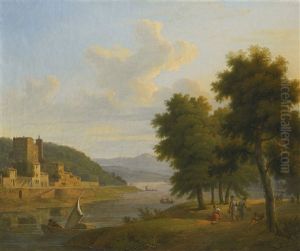 An Italianate River Landscape, With A Fortified Town In The Distance by Jean Victor Bertin