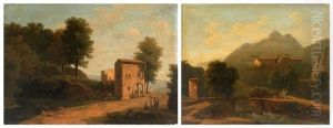 Danseuse Pres Des Bergers Dans Un Paysage Avec Une Maison Le Repos Des Moines Dans Un Paysage (pair) by Jean Victor Bertin