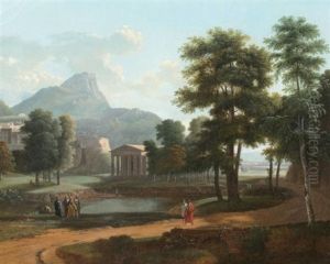 Paysage De Montagnes Avec Un Temple Et Des Philosophes