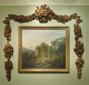 An Arcadian Lanscape With Cattle And Drovers, A Waterfall In The Distance by Jean Victor Bertin