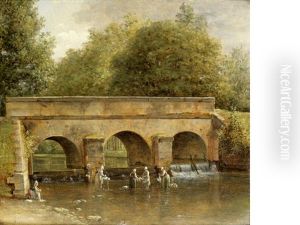 Washerwomen In A River Before A Bridge Washerwomen In A River Before A Bridge