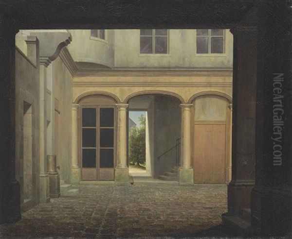 An Italianate Cobblestone Courtyard, A Sunlit Landscape Beyond - view 1