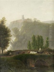 A View Of Tivoli With Drovers Crossing A Bridge In The Foreground by Jean Victor Bertin