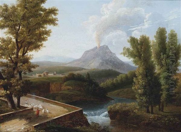 A Wooded River Landscape With A Shepherd And His Flock, Vesuvius Erupting Beyond - view 1