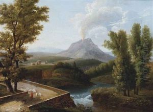 A Wooded River Landscape With A Shepherd And His Flock, Vesuvius Erupting Beyond