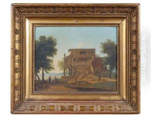 Villa Italienne Antique Pres D'un Lac Et Personnages Pres D'une Fontaine (pair)