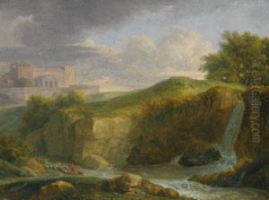 A Landscape With Two Horsemen Riding Through A Valley; A Landscape With A Shepherd And His Flock In Front Of A Walled Town (pair) by Jean Victor Bertin