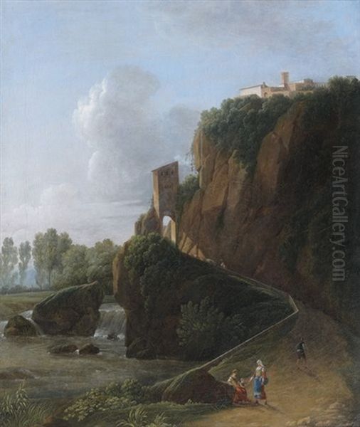 Promeneurs Pres D'une Cascade Dans Un Paysage D'italie - view 1