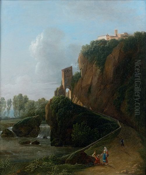 Paysage Italien A La Cascade Anime De Promeneurs - view 1