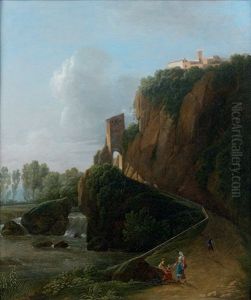 Paysage Italien A La Cascade Anime De Promeneurs by Jean Victor Bertin