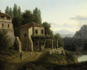 An Italianate River Landscape With Elegant Company Before A Villa by Jean Victor Bertin