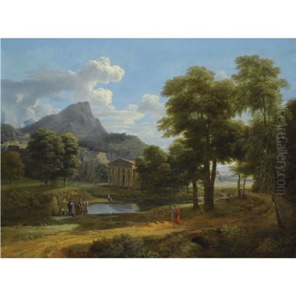 A Mountainous Landscape With Figures By A Lake Before A Classical Temple - view 1