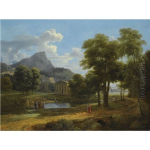 A Mountainous Landscape With Figures By A Lake Before A Classical Temple