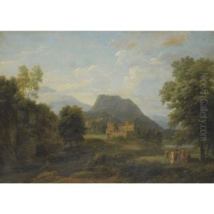 A Classical Landscape With Figures Conversing Beneath A Tree by Jean Victor Bertin