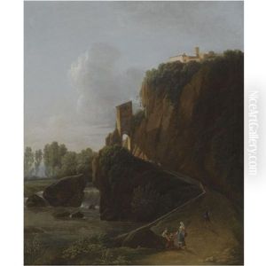 A Landscape With A Waterfall And Figures On A Path Leading To A Hill-top Town, Possibly Montecassino by Jean Victor Bertin