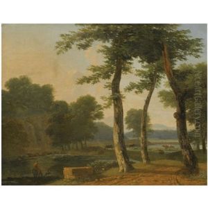 A Pastoral River Landscape With A Figure Beside A Path In The Foreground by Jean Victor Bertin