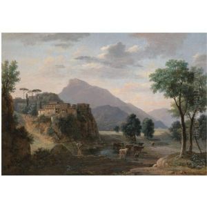 An Italianate Landscape With A Herder And His Cows Before A Hilltop Town by Jean Victor Bertin