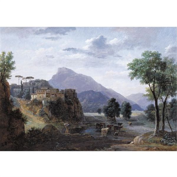 Italianate Mountainous Landscape With A Shepherd And Cattle Crossing A River - view 1