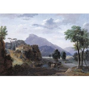 Italianate Mountainous Landscape With A Shepherd And Cattle Crossing A River