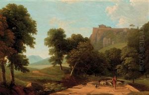 A Classical Landscape With A Shepherd And His Flock, Fortifications On A Hilltop Beyond by Jean Victor Bertin