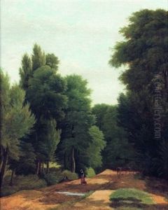 Vue D'une Allee Boisee Avec Une Paysanne Vue D'une Allee Boisee Avec Une Paysanne