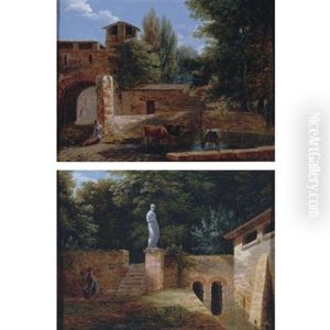 A Sunken Garden With A Girl And A Statue (+ A Farmhouse With A Herdsman Watering His Cows; Pair) A Sunken Garden With A Girl And A Statue (+ A Farmhouse With A Herdsman Watering His Cows; Pair)