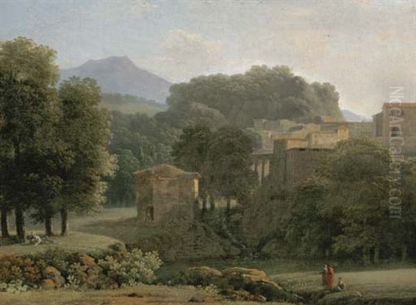 A Wooded Landscape With Figures By A Brook, A Town Beyond - view 1