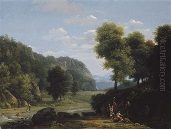 An Italianate Landscape With Women Collecting Water, A Shepherd And His Flock Beyond (+ An Italianate Landscape With Herdsmen Watering At A Stream, With A Town Beyond, 1828; Pair) - view 1