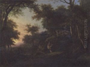 Wooded Landscape With Two Figures Beside A Stream by Jean Victor Bertin