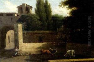 Jeune Bouvier Gardant Son Troupeau A L'entree D'une Ferme Fortifiee by Jean Victor Bertin