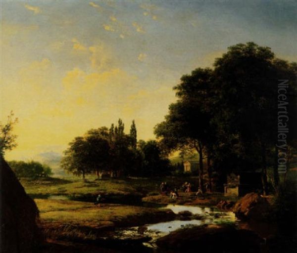 An Arcadian Landscape At Sunset With Figures Dancing Near A Tomb, A Classical Temple Beyond - view 1