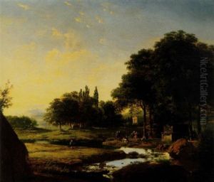 An Arcadian Landscape At Sunset With Figures Dancing Near A Tomb, A Classical Temple Beyond