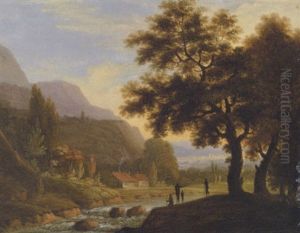Klassik Landskab Med Vandringsmaend, Der Holder Hvil Ved En Flod