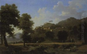 Cavaliers Sur Un Pont Dans Un Paysage Italianisant by Jean Victor Bertin