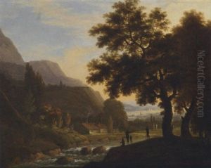 A Mountainous River Landscape With Anglers In The Foreground by Jean Victor Bertin