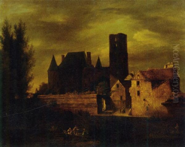 Figures In A Boat On A River By A City With A Castle - view 1