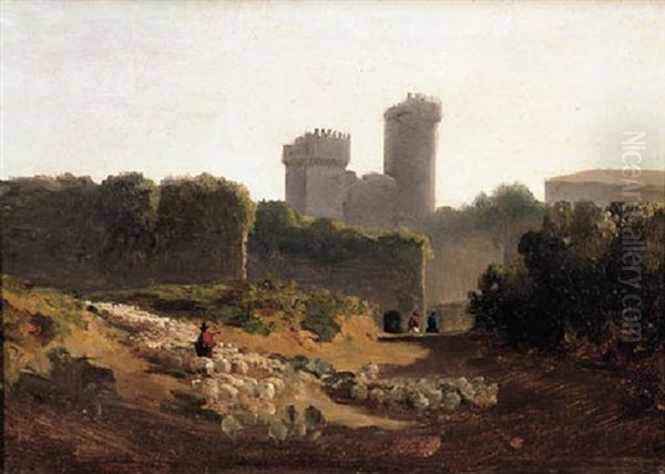 A Shepherd With His Sheep Outside A Castle's Walls - view 1