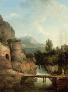 A River Landscape With Fishermen And A Lady With A Dog Crossing A Small Wooden Bridge, A Waterfall And Mountains Beyond by Jean Victor Bertin