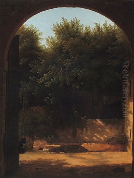 A View Of A Sunlit Courtyard With A Trough, Seen Through An Archway - view 1