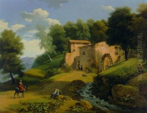 An Overshot Mill In A Wooded Landscape by Jean Victor Bertin