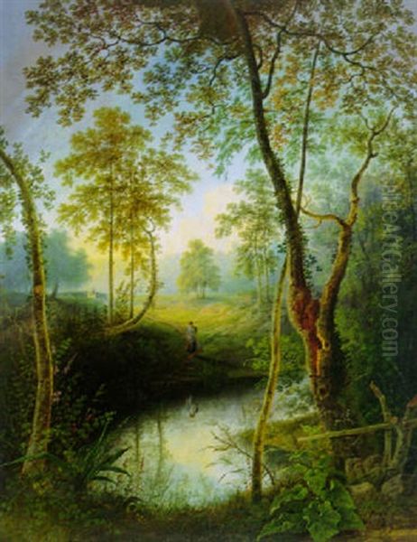 Wooded Landscape With A Woman Nearing A Stream - view 1