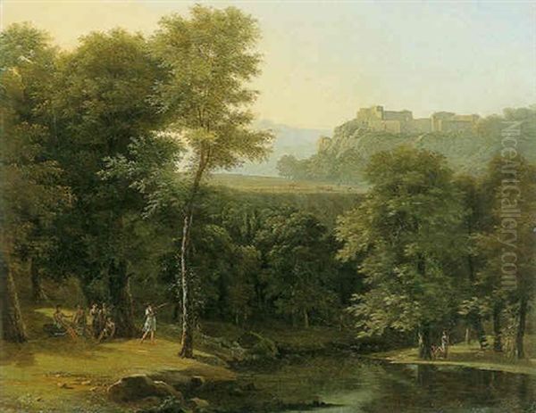 Wooded Landscape With Figures Along Riverbanks - view 1