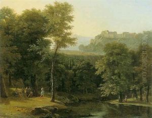Wooded Landscape With Figures Along Riverbanks