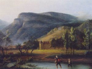 A Landscape With A Family Crossing A River, A Chateau Beyond