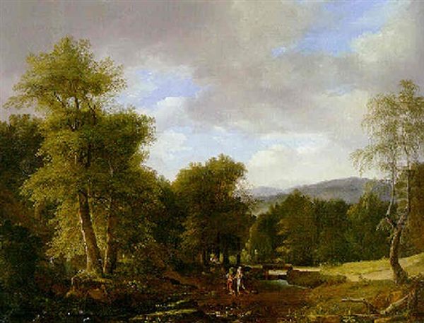 A Wooded River Landscape With Figures Fording A River - view 1