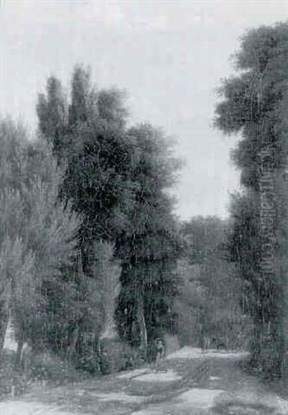 Paysanne Sur Un Chemin Borde D'arbres - view 1