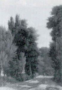 Paysanne Sur Un Chemin Borde D'arbres by Jean Victor Bertin