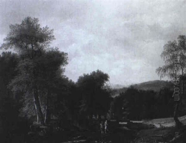 Paysage Avec Des Promeneurs Traversant Une Riviere - view 1