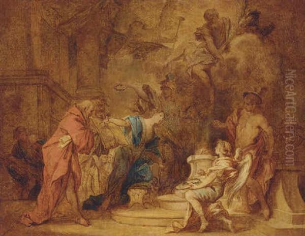 A Lady Sacrificing To Jupiter, Flanked By Minerva And Mercury, Pointing To The Book Of Time, Fame Overhead - view 1