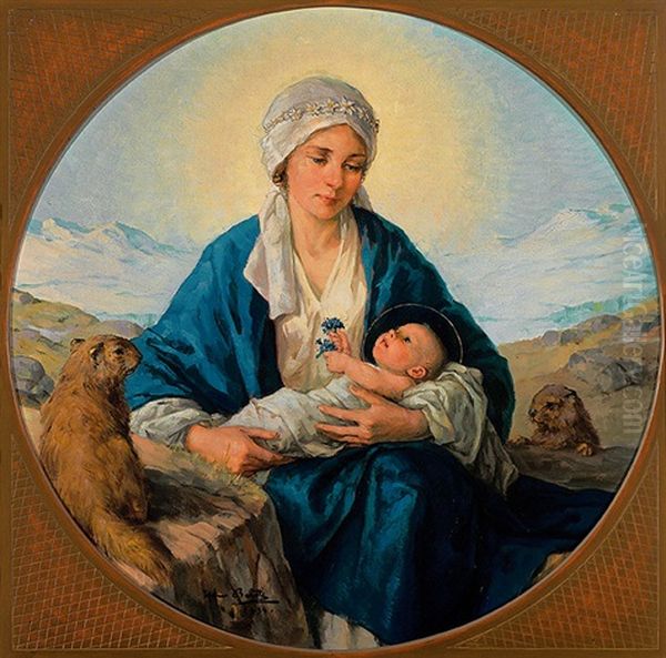 Mit Edelweis Bekranzte Madonna, Das Kind Mit Enzianbluten In Den Handen, Neben Murmeltieren Vor Bergkulisse - view 1